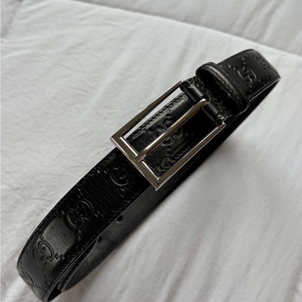Gucci Black Leather Embossed GG Belt with Silver Rectangular Buckle Size 100/40